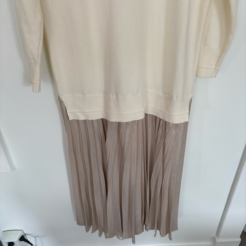 Anthropologie || Pleated Twofer Sweater Dress Satin Metallic Cream Ivory‎ XS - Picture 4 of 9